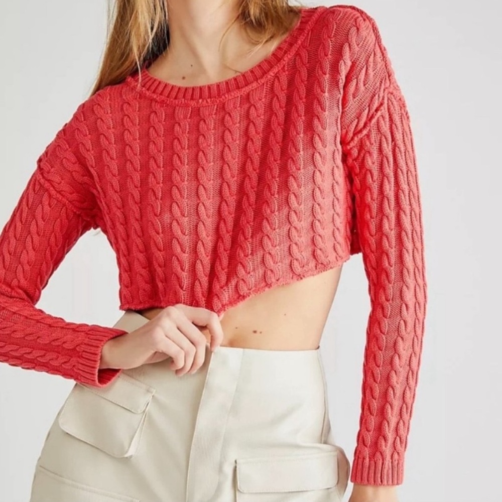Free People Red Cable Knit Cropped Sweater